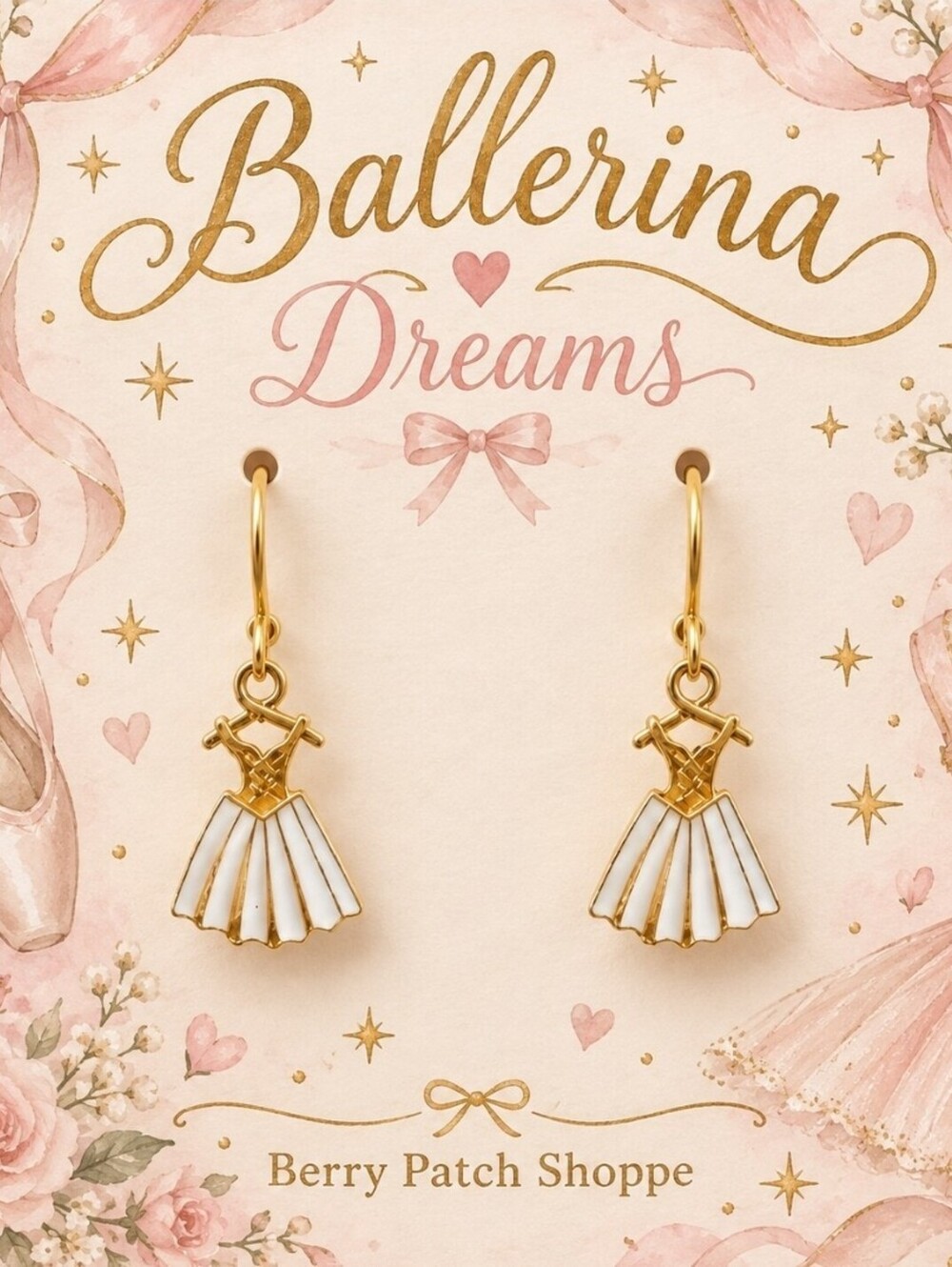 Prim Ballerina Tutu Dance Recital Gold & White Hypoallergenic Drop Earrings